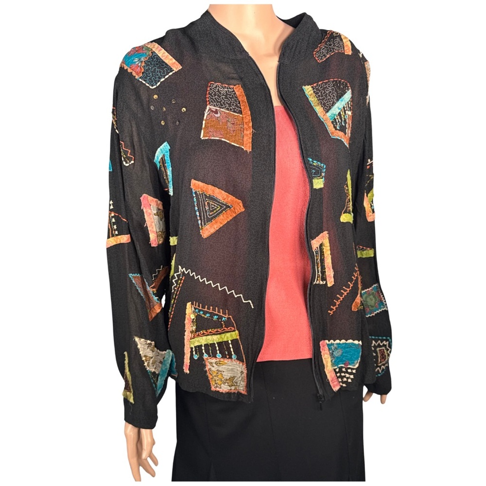 Chico's Artisan Patchwork Embellished Zip Up Jacket Black Bohemian Beaded L